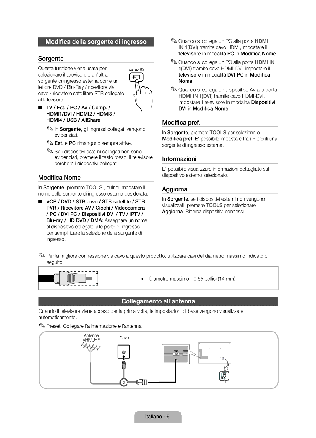 Samsung UE32D6100SPXZT, UE55D6100SPXZT, UE46D6100SPXZT manual Modifica della sorgente di ingresso, Collegamento allantenna 