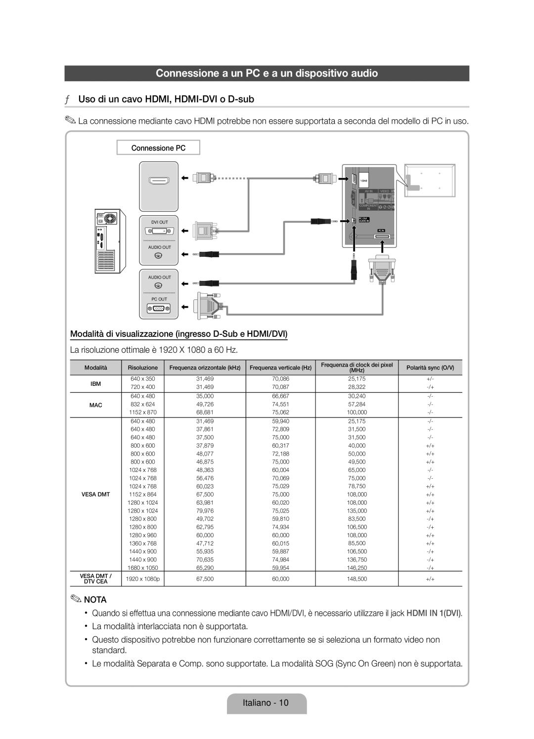 Samsung UE37D6100SPXZT, UE32D6100SPXZT Connessione a un PC e a un dispositivo audio, Uso di un cavo HDMI, HDMI-DVI o D-sub 