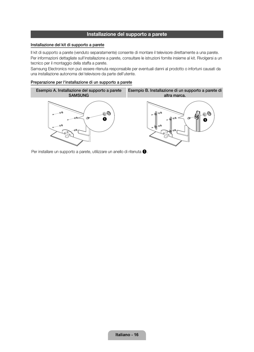 Samsung UE32D6100SPXZT, UE55D6100SPXZT, UE46D6100SPXZT, UE40D6100SPXZT manual Installazione del supporto a parete, Samsung 