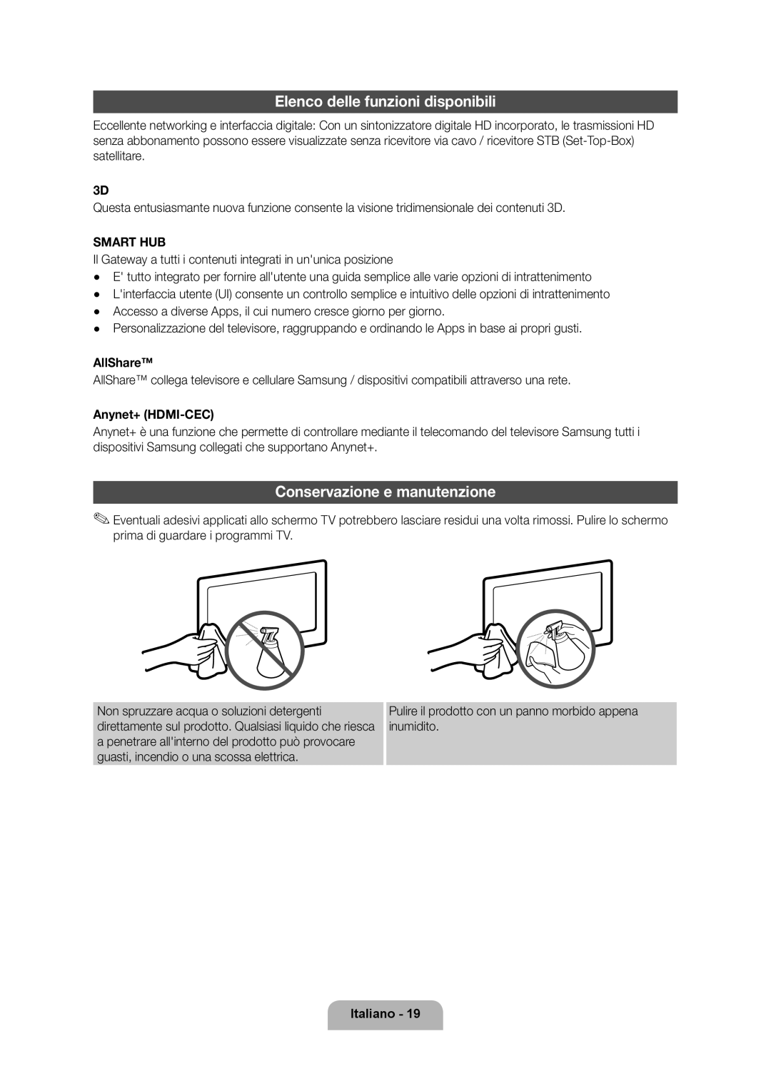 Samsung UE40D6100SPXZT, UE32D6100SPXZT, UE55D6100SPXZT manual Elenco delle funzioni disponibili, Conservazione e manutenzione 