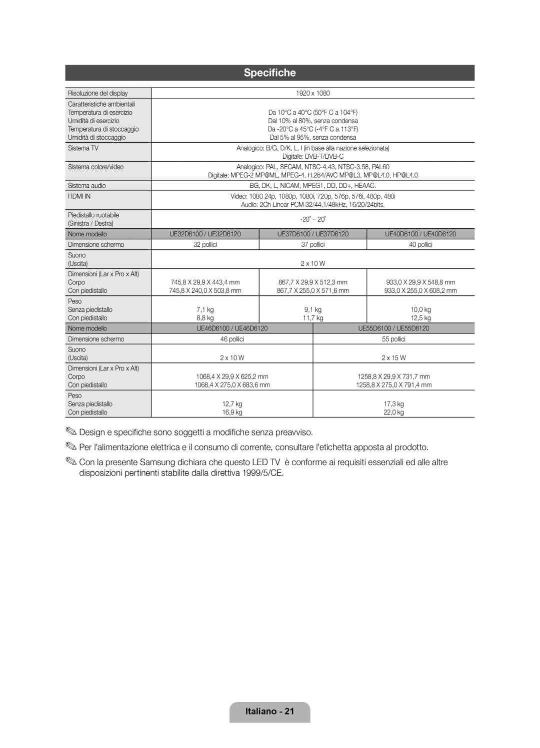 Samsung UE32D6100SPXZT, UE55D6100SPXZT, UE46D6100SPXZT, UE40D6100SPXZT, UE37D6100SPXZT manual Specifiche 