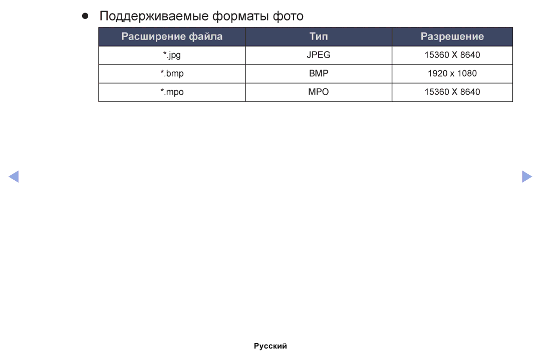 Samsung UE46EH5050WXRU, UE32EH4000WXMS, UE22ES5000WXBT, UE32EH5000WXBT, UE40EH5000WXBT manual Поддерживаемые форматы фото 