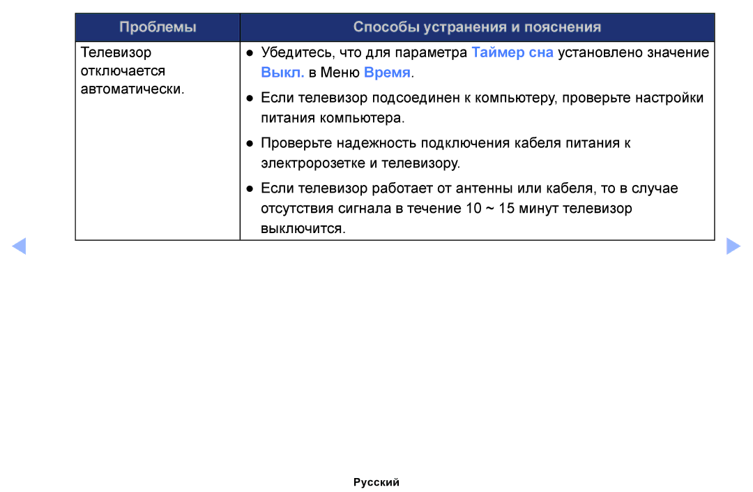 Samsung UE26EH4000WXRU, UE32EH4000WXMS, UE22ES5000WXBT, UE32EH5000WXBT, UE40EH5000WXBT, UE26EH4000WXBT manual Выкл. в Меню Время 