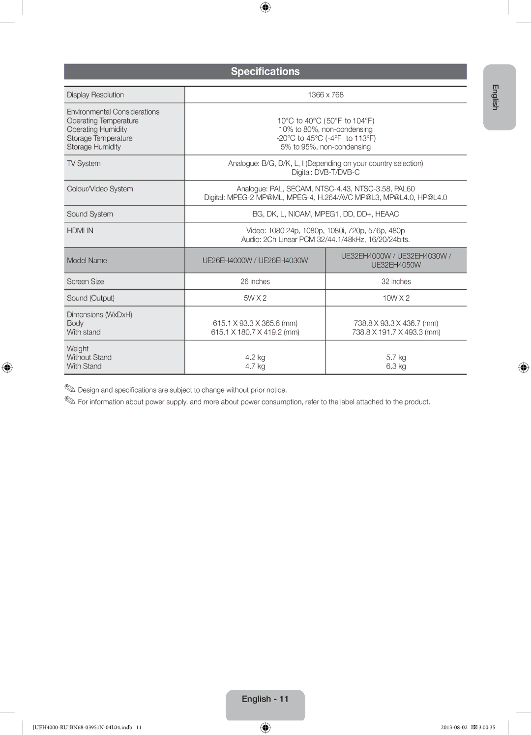 Samsung UE32EH4000WXRU, UE32EH4000WXMS, UE26EH4000WXMS, UE26EH4000WXRU manual Specifications 