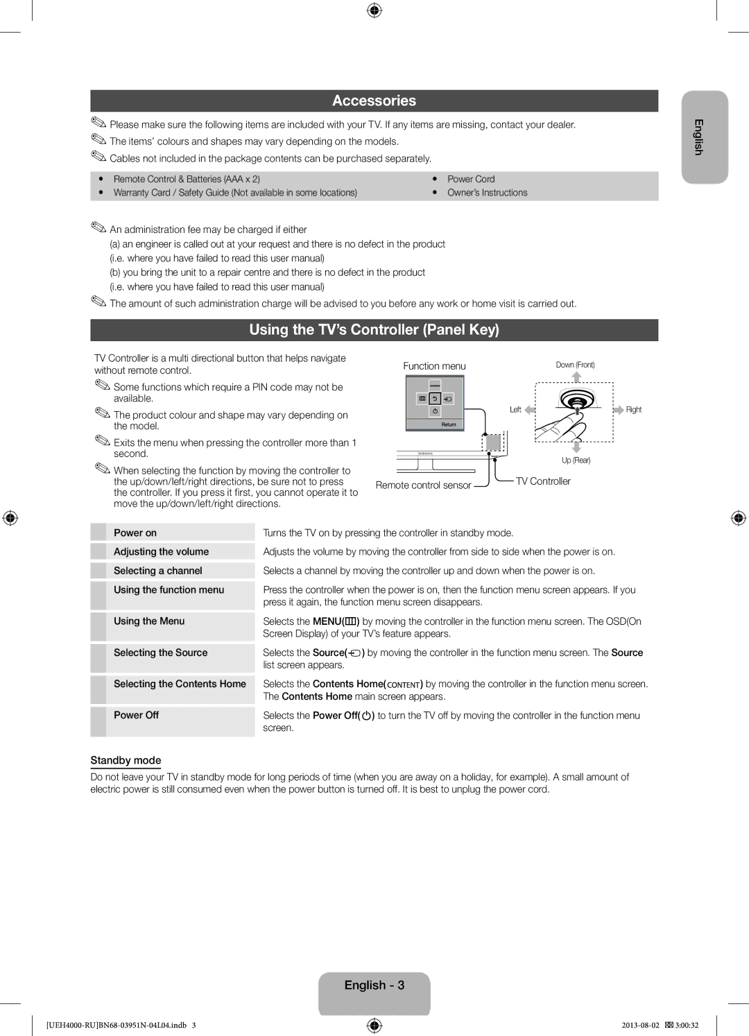 Samsung UE32EH4000WXRU, UE32EH4000WXMS manual Accessories, Using the TV’s Controller Panel Key, English, Standby mode 