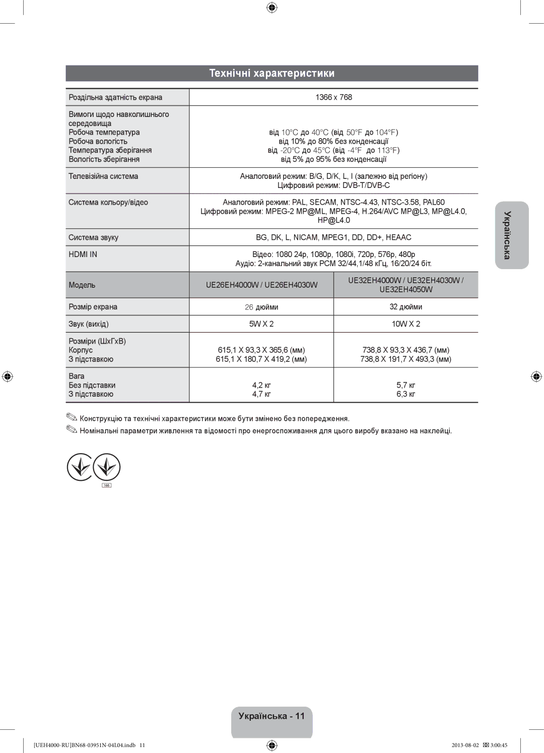 Samsung UE32EH4000WXRU, UE32EH4000WXMS, UE26EH4000WXMS, UE26EH4000WXRU manual Технічні характеристики 