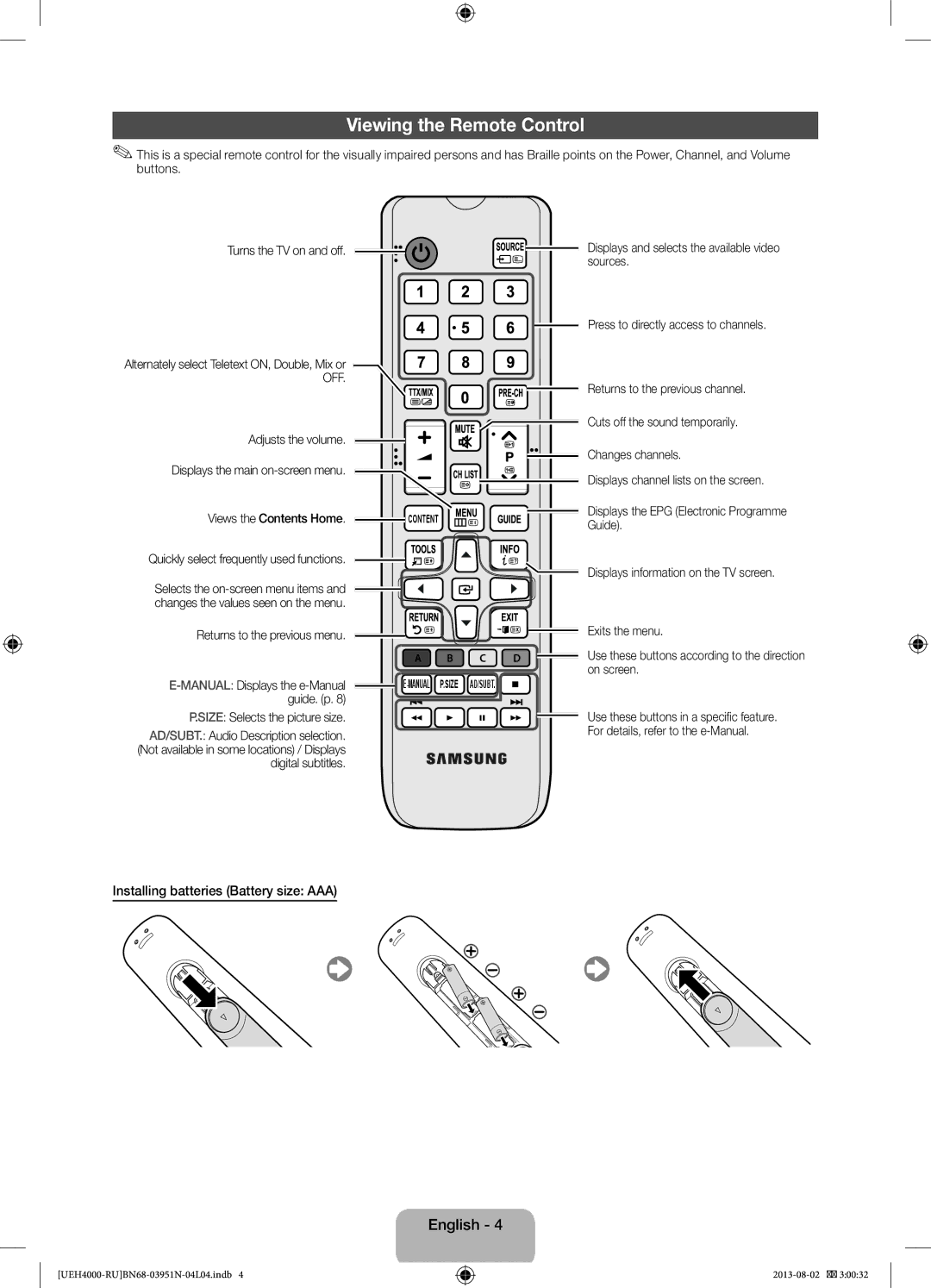 Samsung UE32EH4000WXMS, UE26EH4000WXMS, UE26EH4000WXRU Viewing the Remote Control, Installing batteries Battery size AAA 