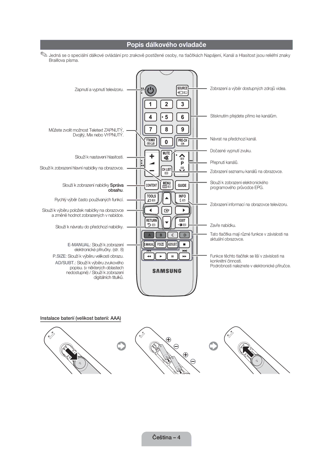 Samsung UE32EH4000WXXH, UE32EH4000WXZG, UE26EH4000WXXH Popis dálkového ovladače, Instalace baterií velikost baterií AAA 