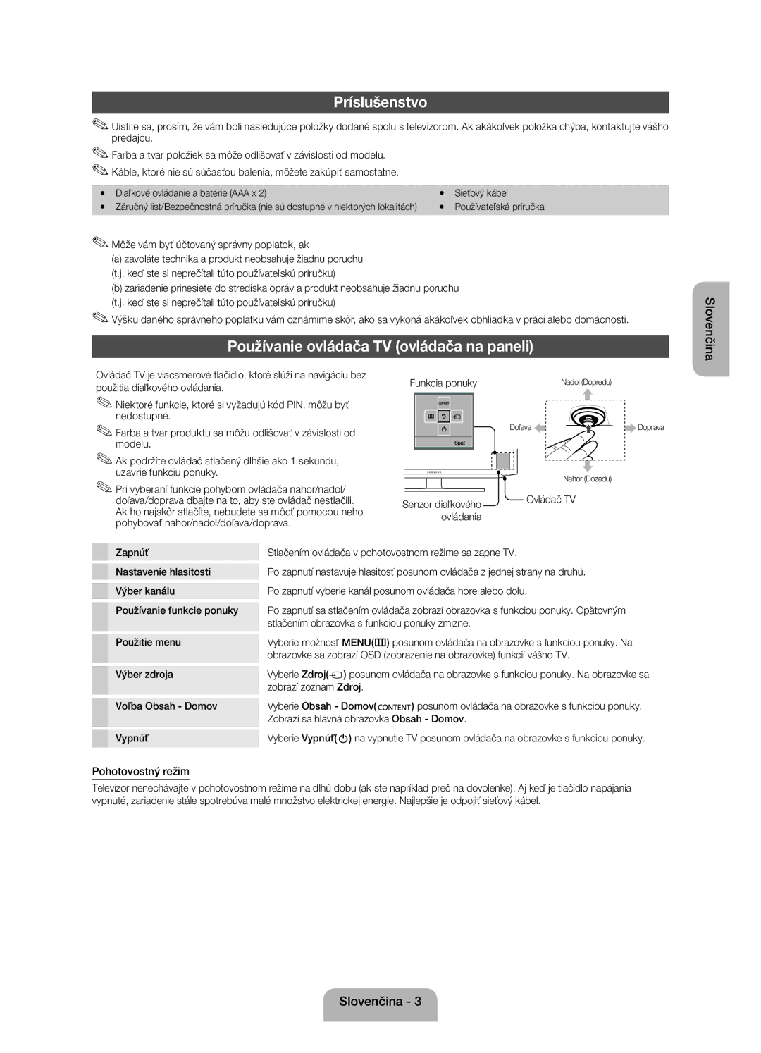 Samsung UE26EH4000WXXH, UE32EH4000WXZG manual Príslušenstvo, Používanie ovládača TV ovládača na paneli, Pohotovostný režim 