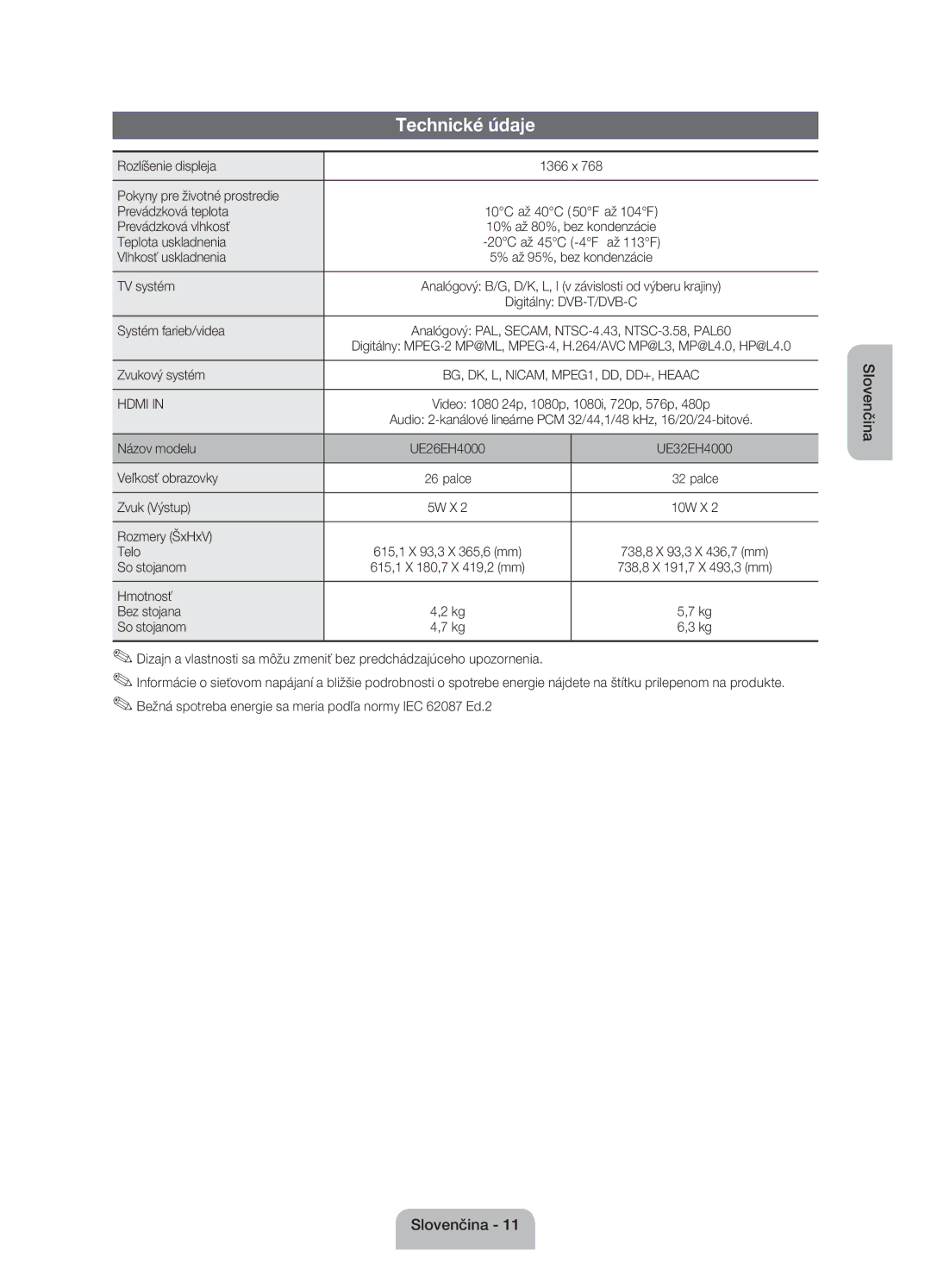 Samsung UE32EH4000WXZG, UE32EH4000WXXH, UE26EH4000WXXH, UE26EH4000WXBT, UE32EH4000WXBT manual Technické údaje 