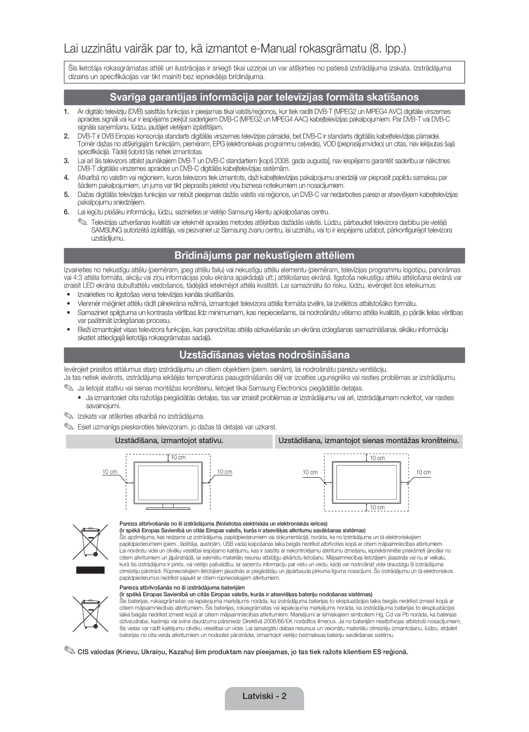 Samsung UE26EH4000WXBT, UE32EH4000WXZG manual Brīdinājums par nekustīgiem attēliem, Uzstādīšanas vietas nodrošināšana 