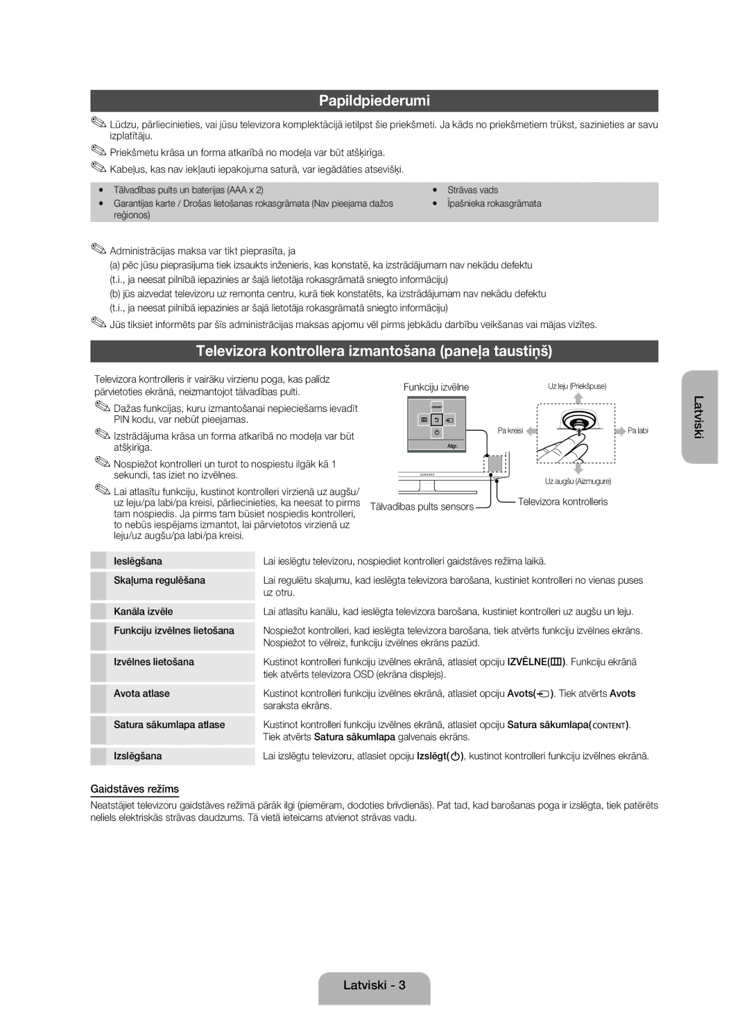 Samsung UE32EH4000WXBT manual Papildpiederumi, Televizora kontrollera izmantošana paneļa taustiņš, Gaidstāves režīms 