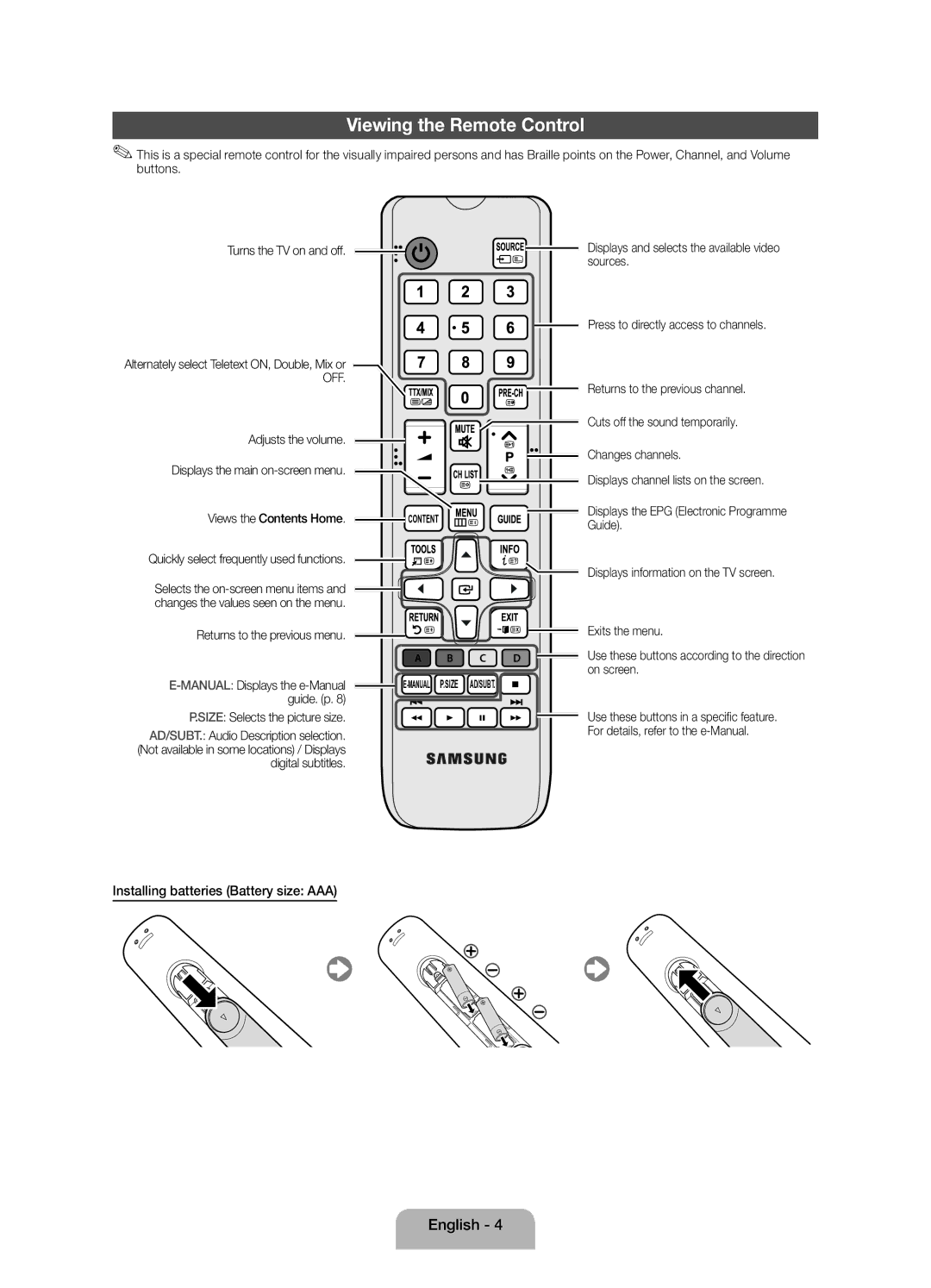 Samsung UE32EH4000WXBT, UE32EH4000WXZG, UE32EH4000WXXH Viewing the Remote Control, Installing batteries Battery size AAA 