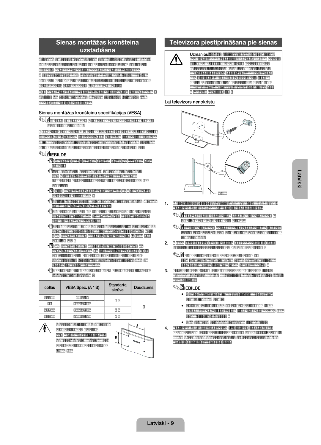 Samsung UE32EH4000WXZG, UE32EH4000WXXH manual Sienas montāžas kronšteina Uzstādīšana, Televizora piestiprināšana pie sienas 