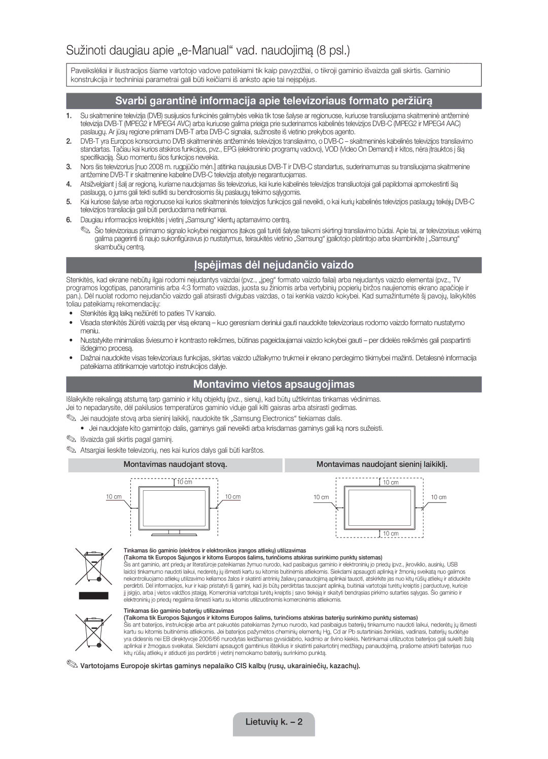 Samsung UE32EH4000WXZG, UE32EH4000WXXH, UE26EH4000WXXH manual Įspėjimas dėl nejudančio vaizdo, Montavimo vietos apsaugojimas 