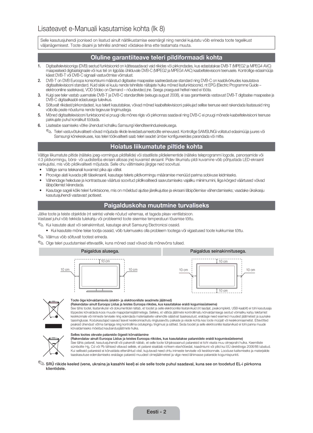 Samsung UE26EH4000WXXH, UE32EH4000WXZG Oluline garantiiteave teleri pildiformaadi kohta, Hoiatus liikumatute piltide kohta 