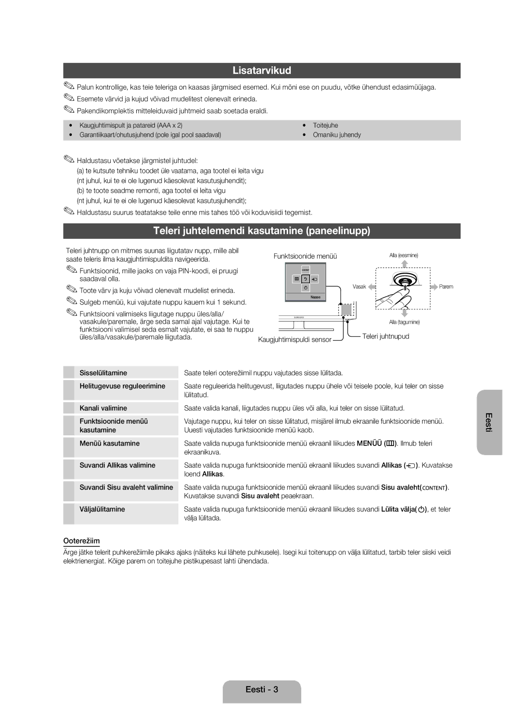 Samsung UE26EH4000WXBT, UE32EH4000WXZG, UE32EH4000WXXH Lisatarvikud, Teleri juhtelemendi kasutamine paneelinupp, Ooterežiim 