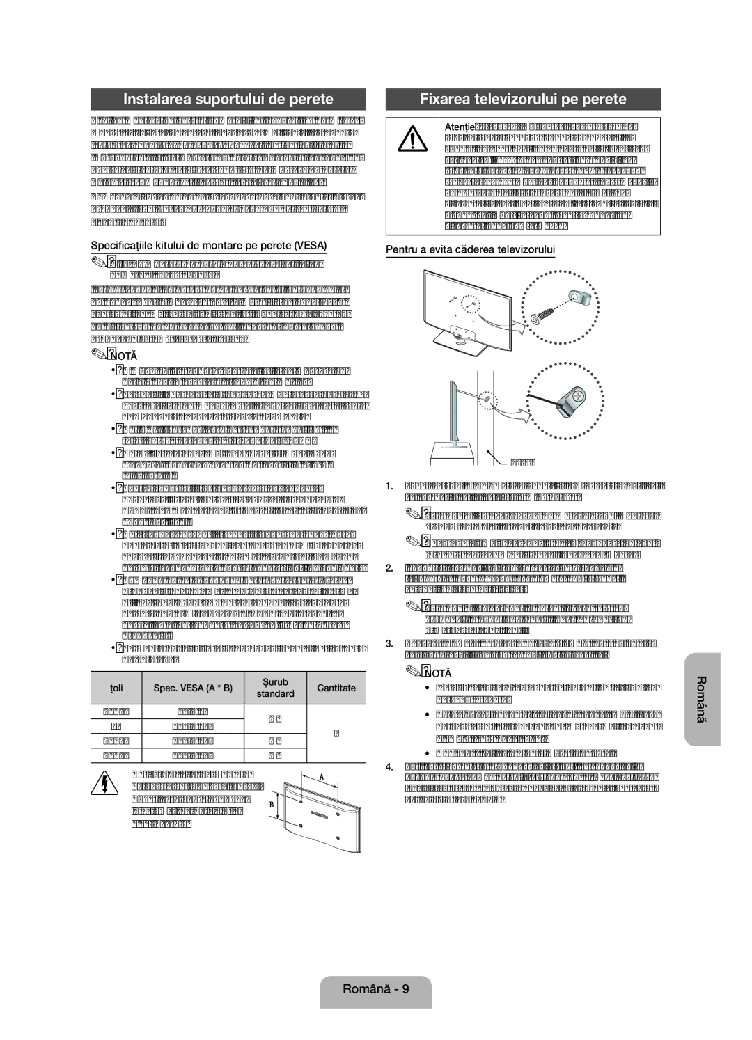 Samsung UE32EH4000WXXH, UE32EH4000WXZG, UE26EH4000WXXH Instalarea suportului de perete, Fixarea televizorului pe perete 