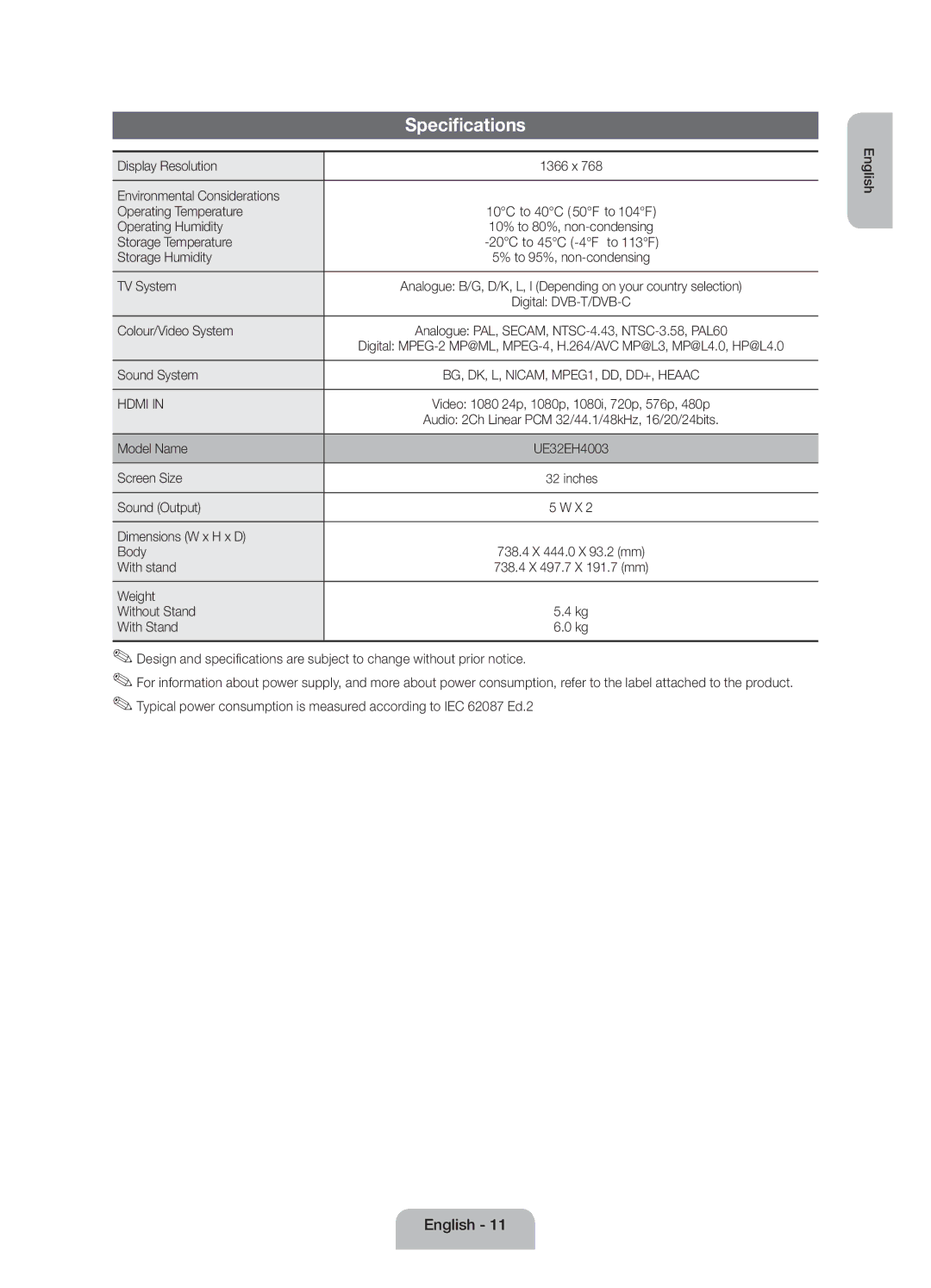 Samsung UE32EH4003WXZF, UE32EH4003WXXC manual Specifications 