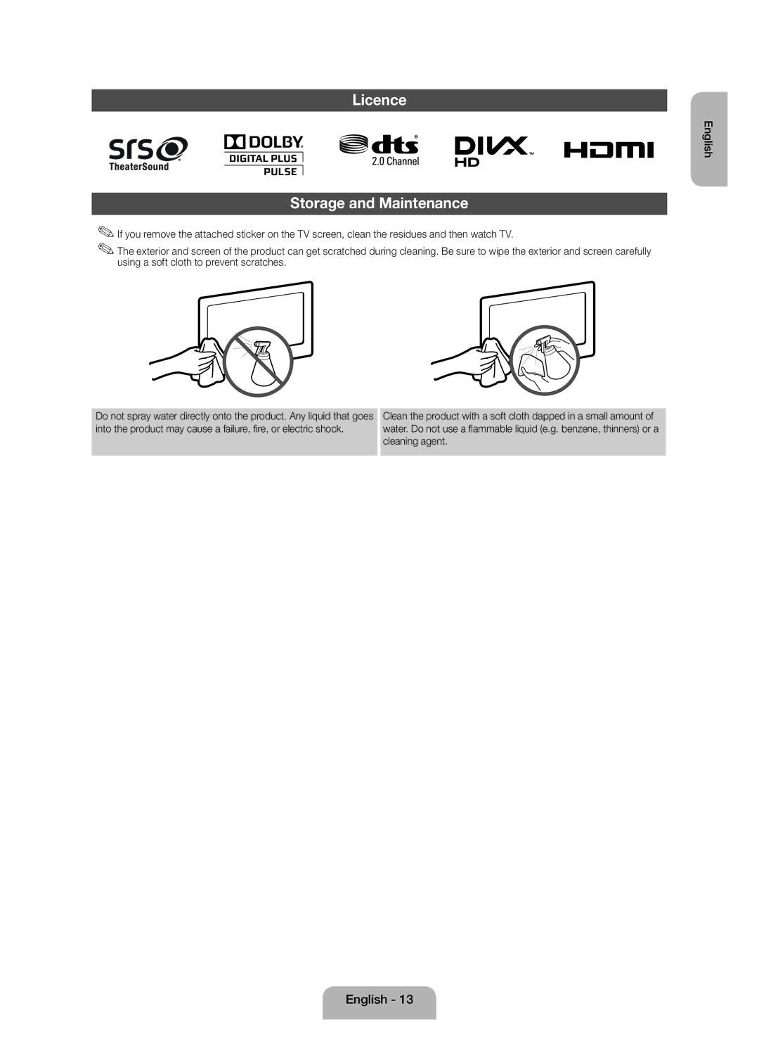 Samsung UE32EH4003WXZF, UE32EH4003WXXC manual Licence, Storage and Maintenance 