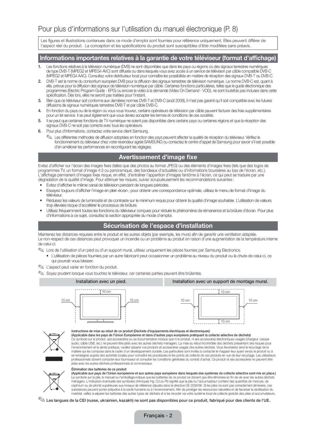 Samsung UE32EH4003WXXC Avertissement d’image fixe, Sécurisation de l’espace d’installation, Installation avec un pied 