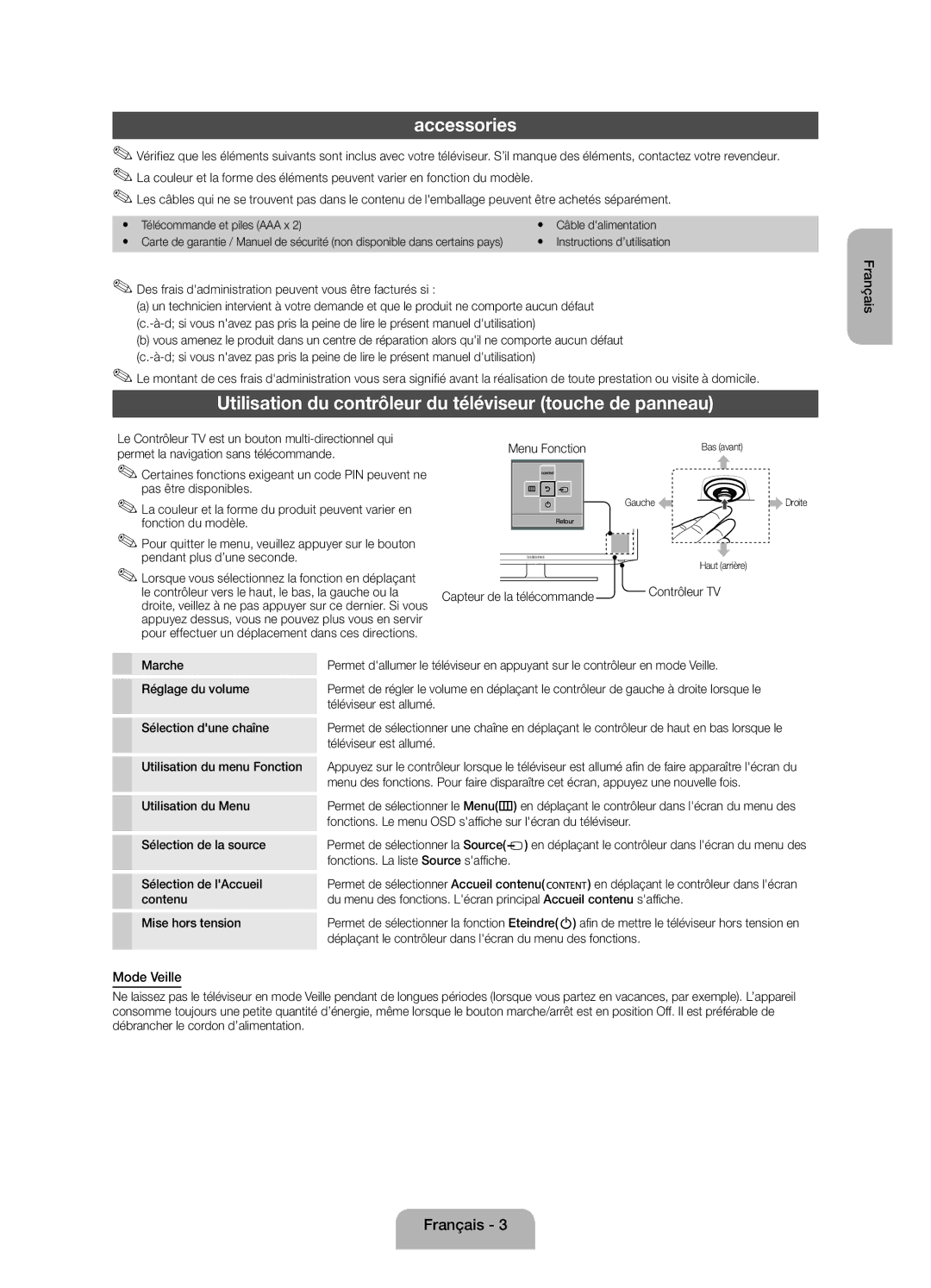 Samsung UE32EH4003WXZF, UE32EH4003WXXC Utilisation du contrôleur du téléviseur touche de panneau, Français, Mode Veille 