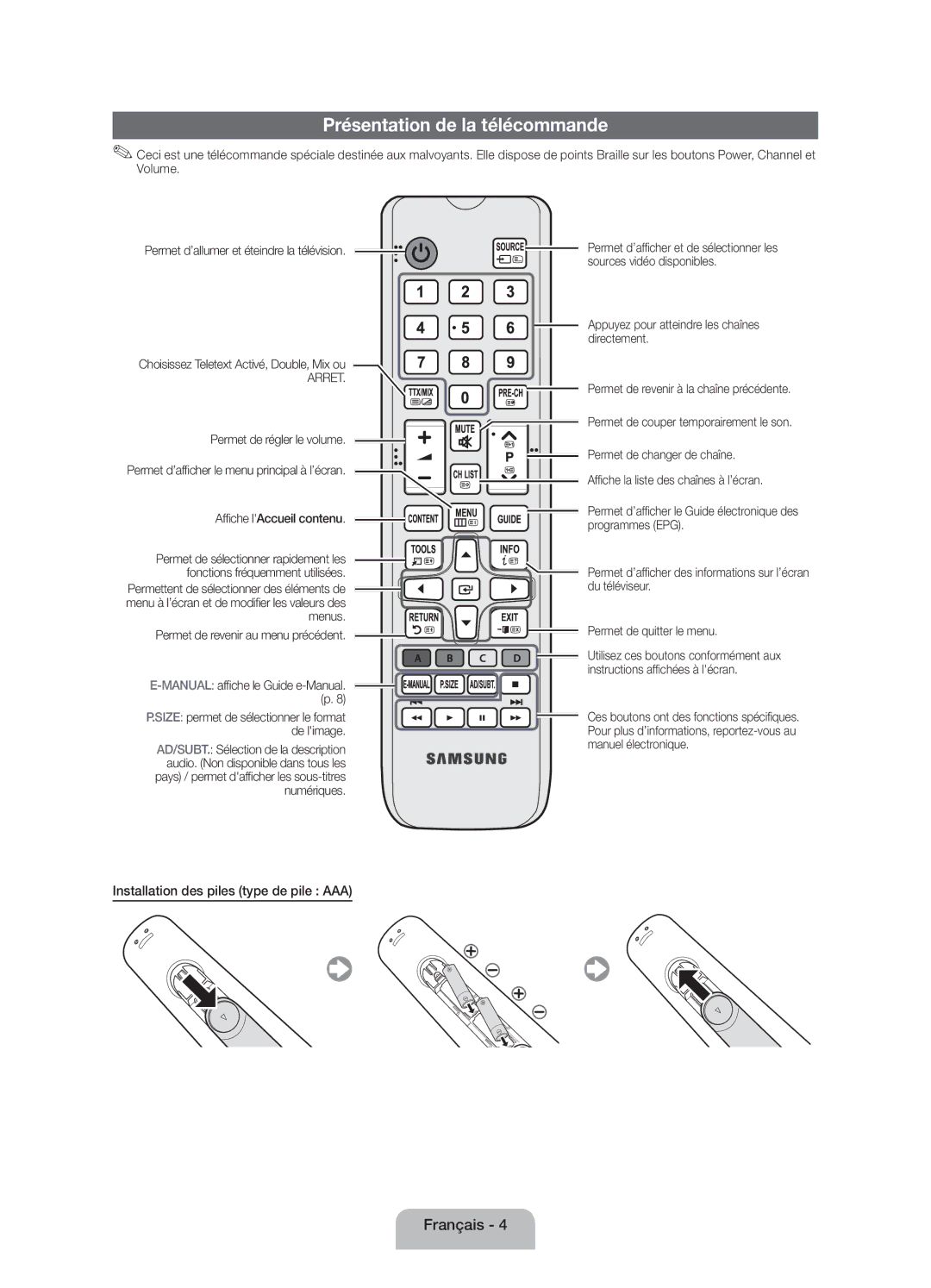 Samsung UE32EH4003WXXC, UE32EH4003WXZF Présentation de la télécommande, Installation des piles type de pile AAA, ’écran 