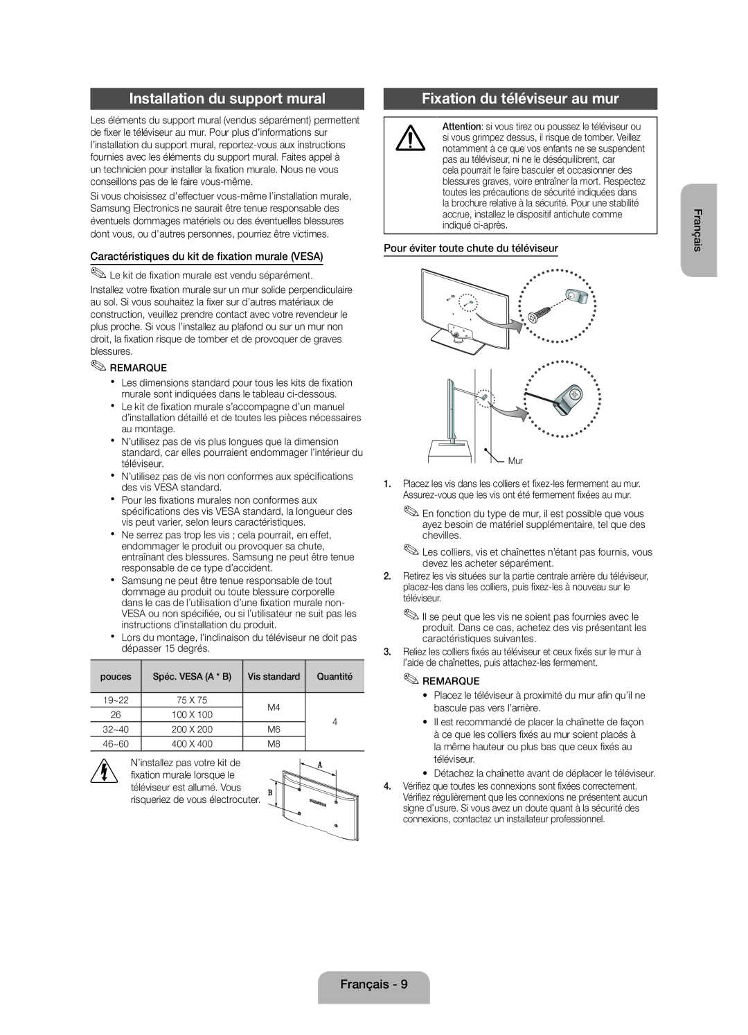 Samsung UE32EH4003WXZF Installation du support mural, Fixation du téléviseur au mur, Pour éviter toute chute du téléviseur 