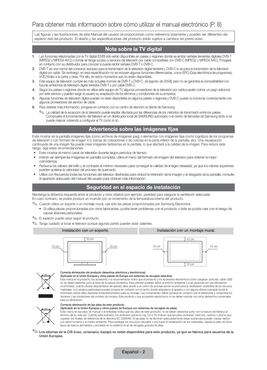 Samsung UE32EH4003WXXC manual Nota sobre la TV digital, Advertencia sobre las imágenes fijas, Instalación con un soporte 