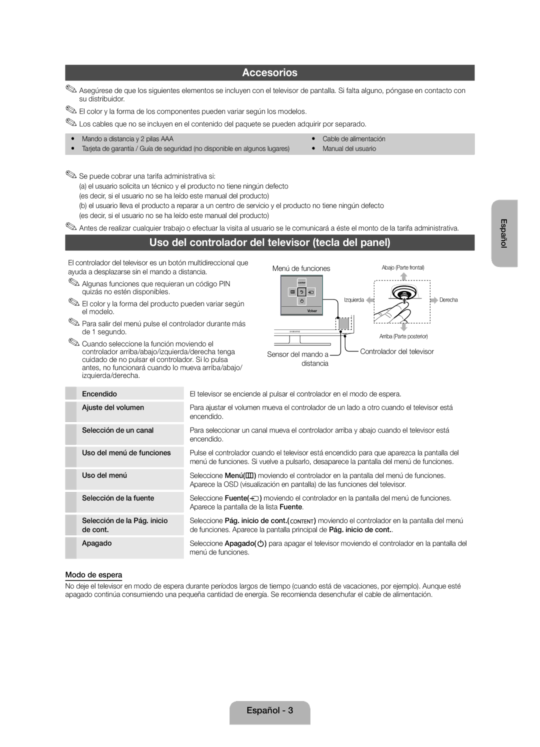 Samsung UE32EH4003WXZF manual Accesorios, Uso del controlador del televisor tecla del panel, Español, Modo de espera 