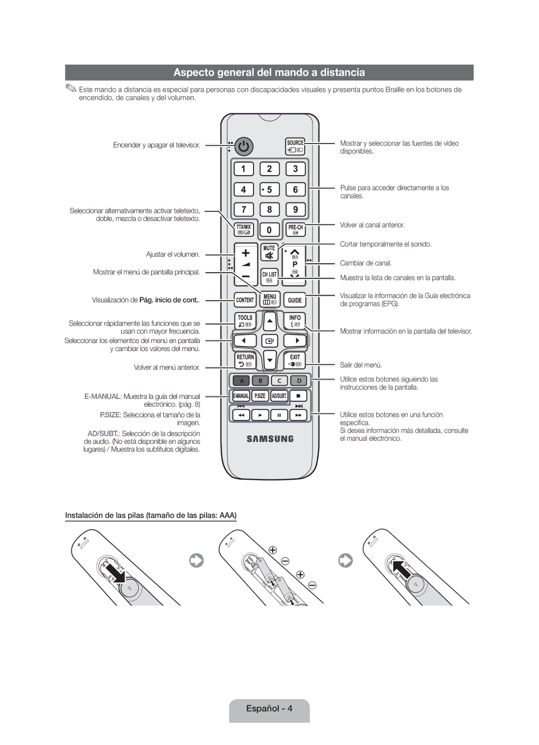 Samsung UE32EH4003WXXC manual Aspecto general del mando a distancia, Instalación de las pilas tamaño de las pilas AAA 