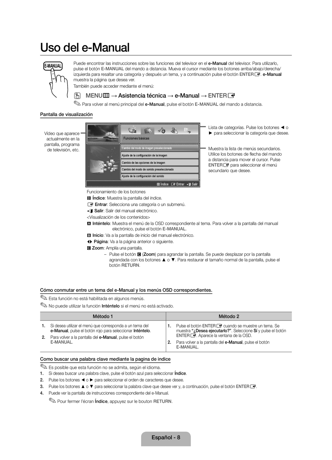 Samsung UE32EH4003WXXC manual Pantalla de visualización, Método, Como buscar una palabra clave mediante la pagina de indice 