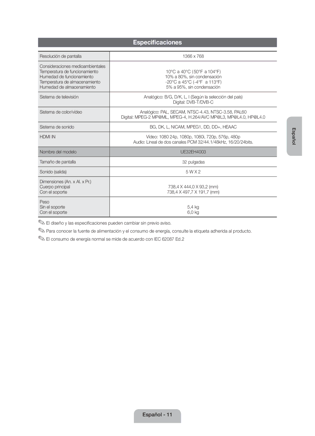 Samsung UE32EH4003WXZF, UE32EH4003WXXC manual Especificaciones 