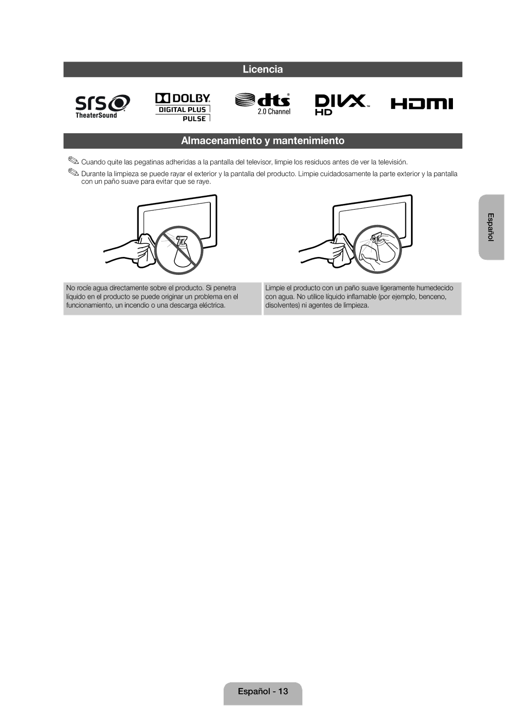 Samsung UE32EH4003WXZF, UE32EH4003WXXC manual Licencia Almacenamiento y mantenimiento 