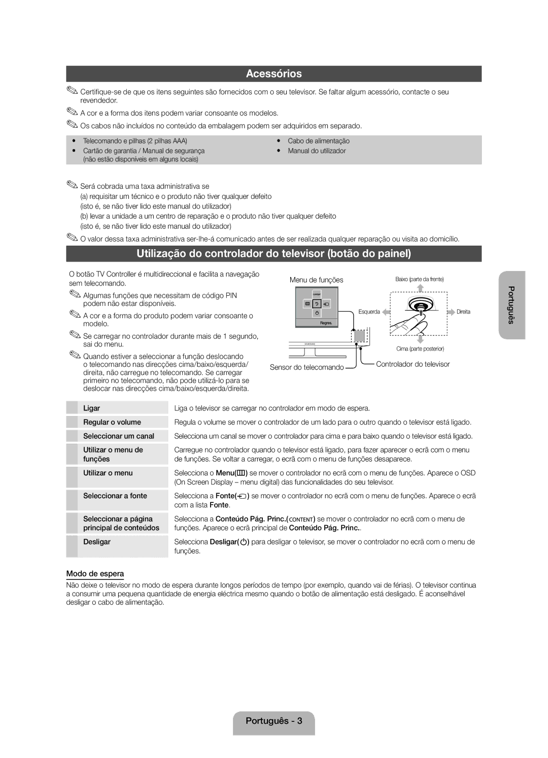 Samsung UE32EH4003WXZF, UE32EH4003WXXC manual Acessórios, Utilização do controlador do televisor botão do painel, Português 