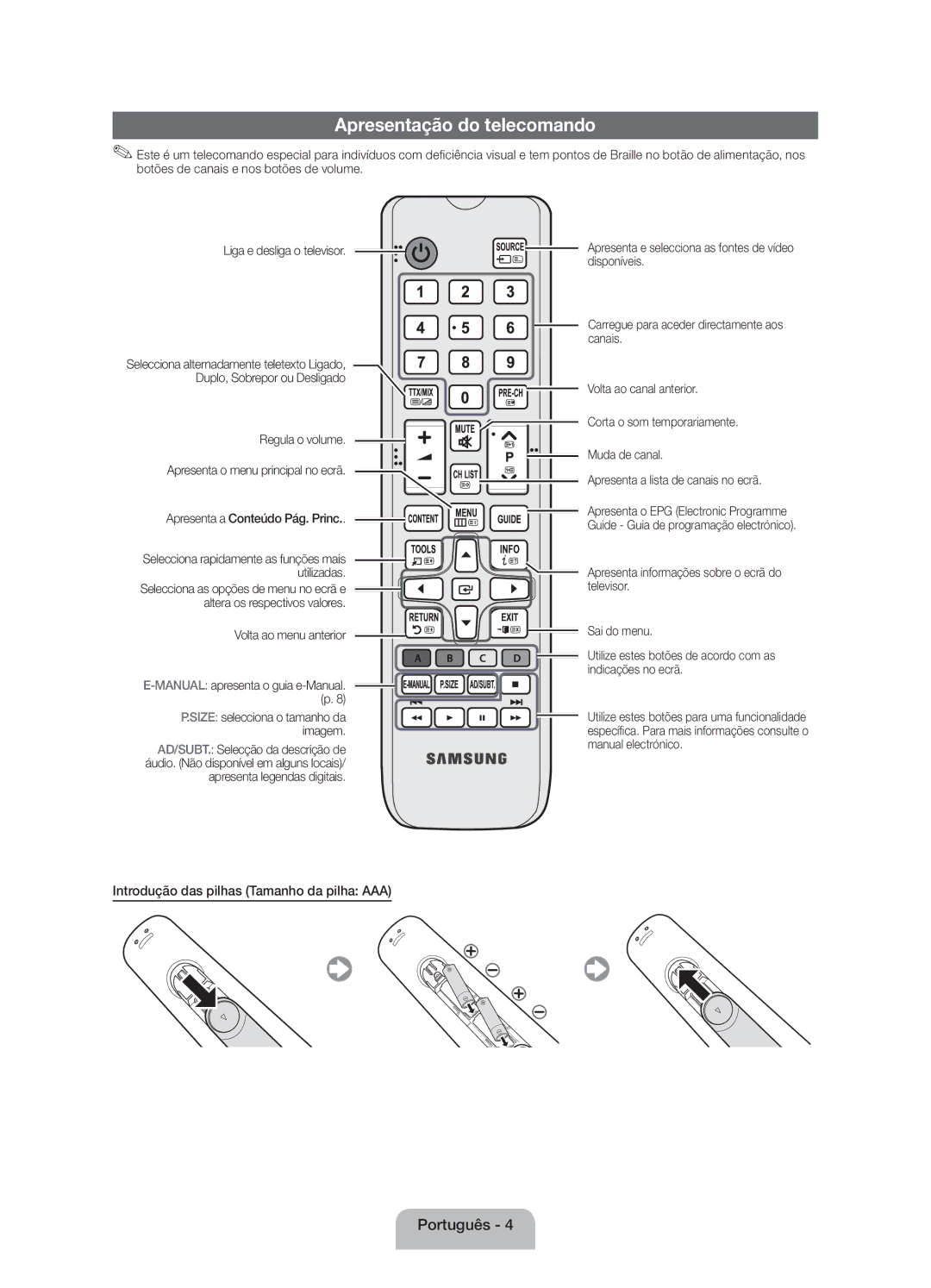 Samsung UE32EH4003WXXC, UE32EH4003WXZF manual Apresentação do telecomando, Introdução das pilhas Tamanho da pilha AAA 