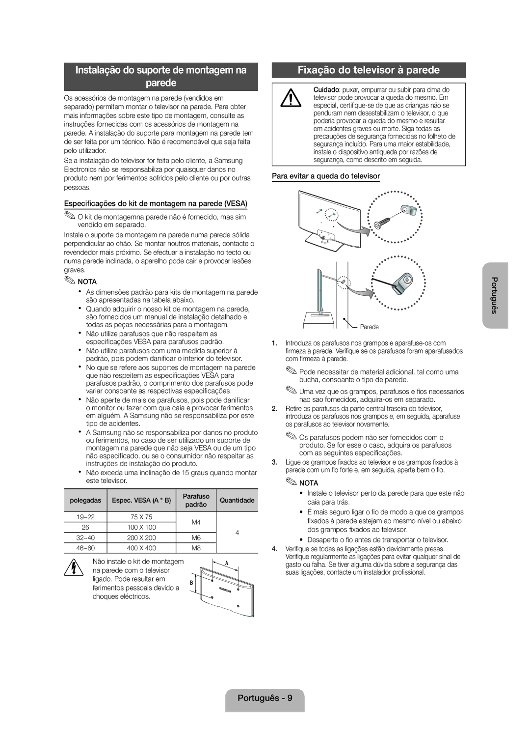 Samsung UE32EH4003WXZF manual Parede, Fixação do televisor à parede, Especificações do kit de montagem na parede Vesa 