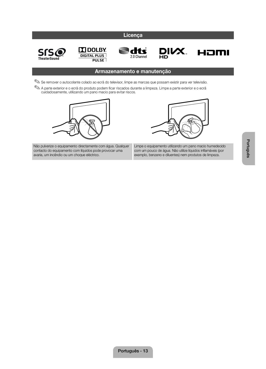 Samsung UE32EH4003WXZF, UE32EH4003WXXC manual Licença Armazenamento e manutenção 