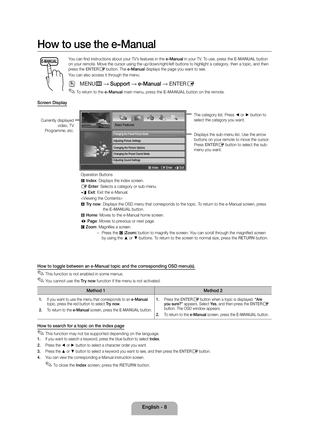 Samsung UE32EH4003WXXC, UE32EH4003WXZF manual Screen Display, Method, How to search for a topic on the index 