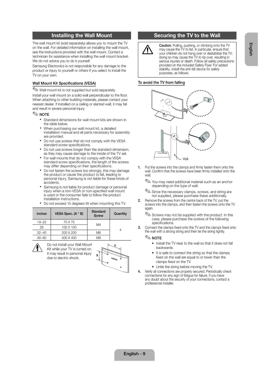 Samsung UE32EH4003WXZF manual Installing the Wall Mount, Securing the TV to the Wall, Wall Mount Kit Specifications Vesa 