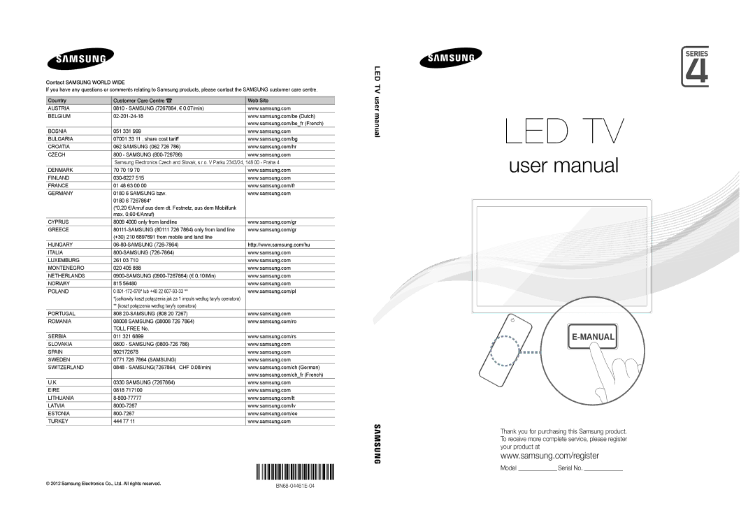 Samsung UE32EH4003WXXH manual Samsung 7267864, € 0.07/min, 02-201-24-18, 051 331, 07001 33 11 , share cost tariff, 261 03 