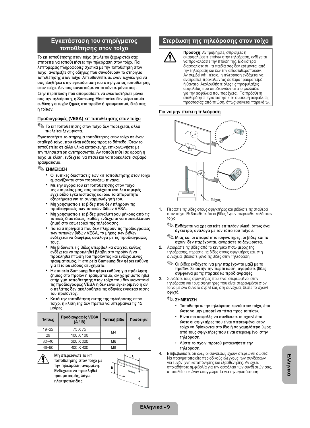 Samsung UE32EH4003WXXH manual Εγκατάσταση του στηρίγματος Τοποθέτησης στον τοίχο, Στερέωση της τηλεόρασης στον τοίχο 