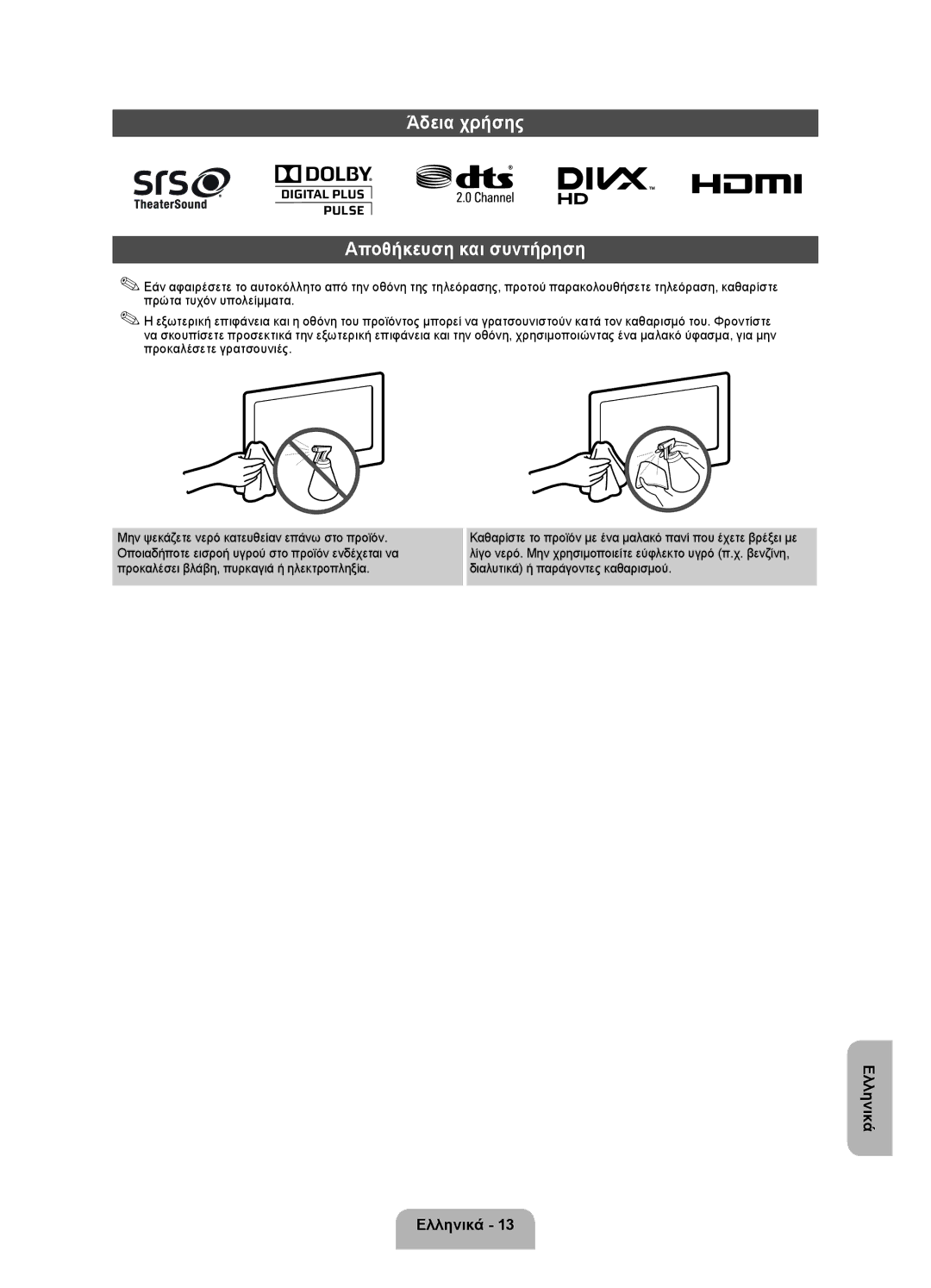 Samsung UE32EH4003WXXH manual Άδεια χρήσης Αποθήκευση και συντήρηση 