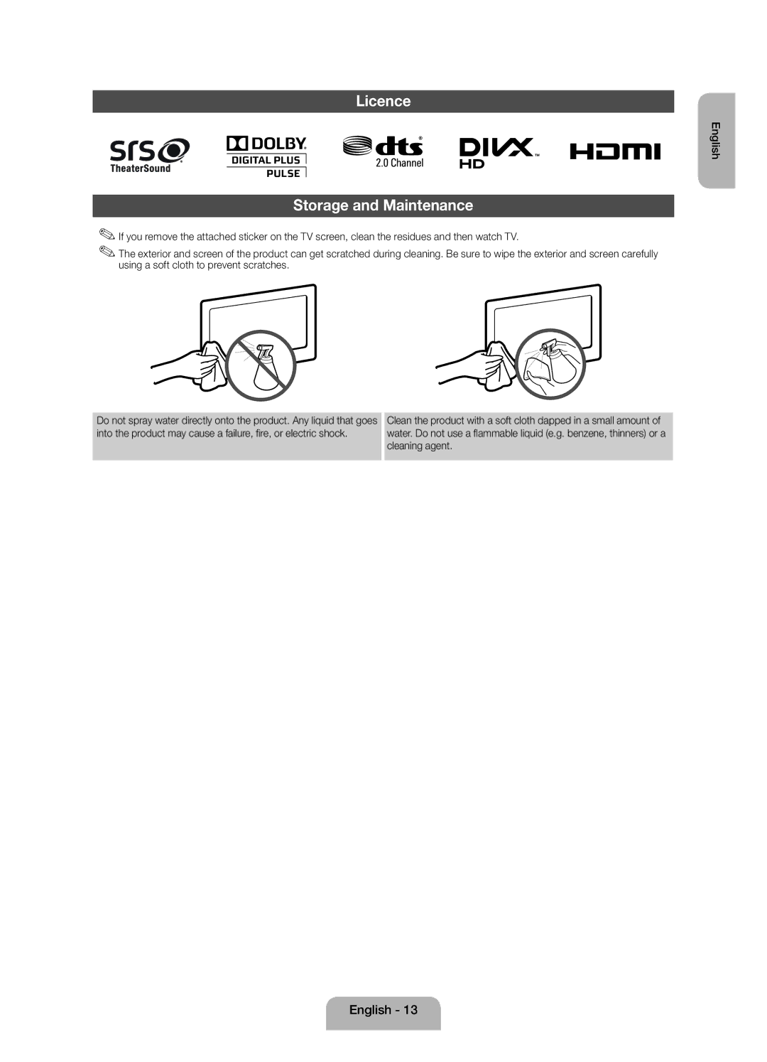 Samsung UE32EH4003WXXH manual Licence, Storage and Maintenance 