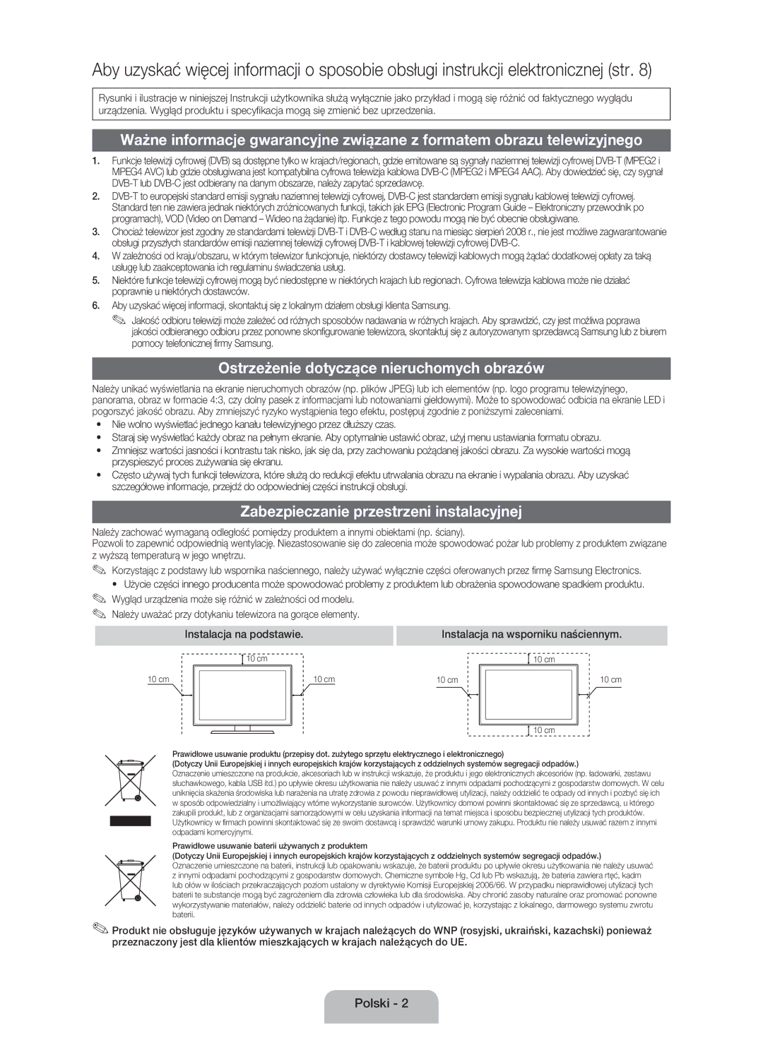 Samsung UE32EH4003WXXH manual Ostrzeżenie dotyczące nieruchomych obrazów, Zabezpieczanie przestrzeni instalacyjnej 