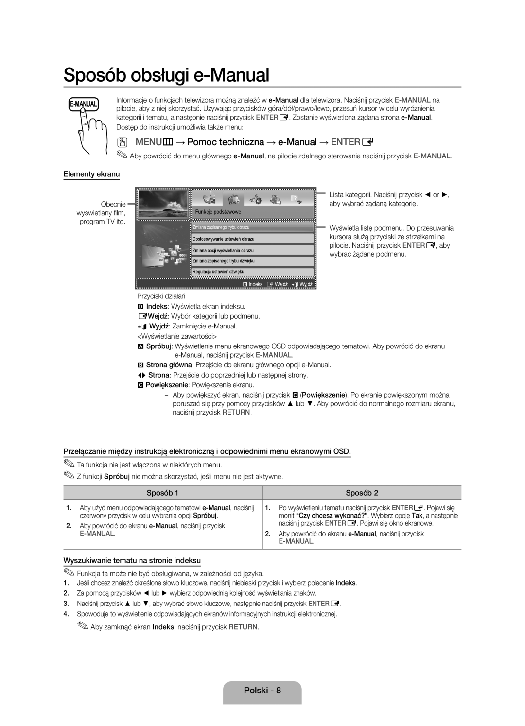 Samsung UE32EH4003WXXH manual Elementy ekranu, Sposób, Wyszukiwanie tematu na stronie indeksu 