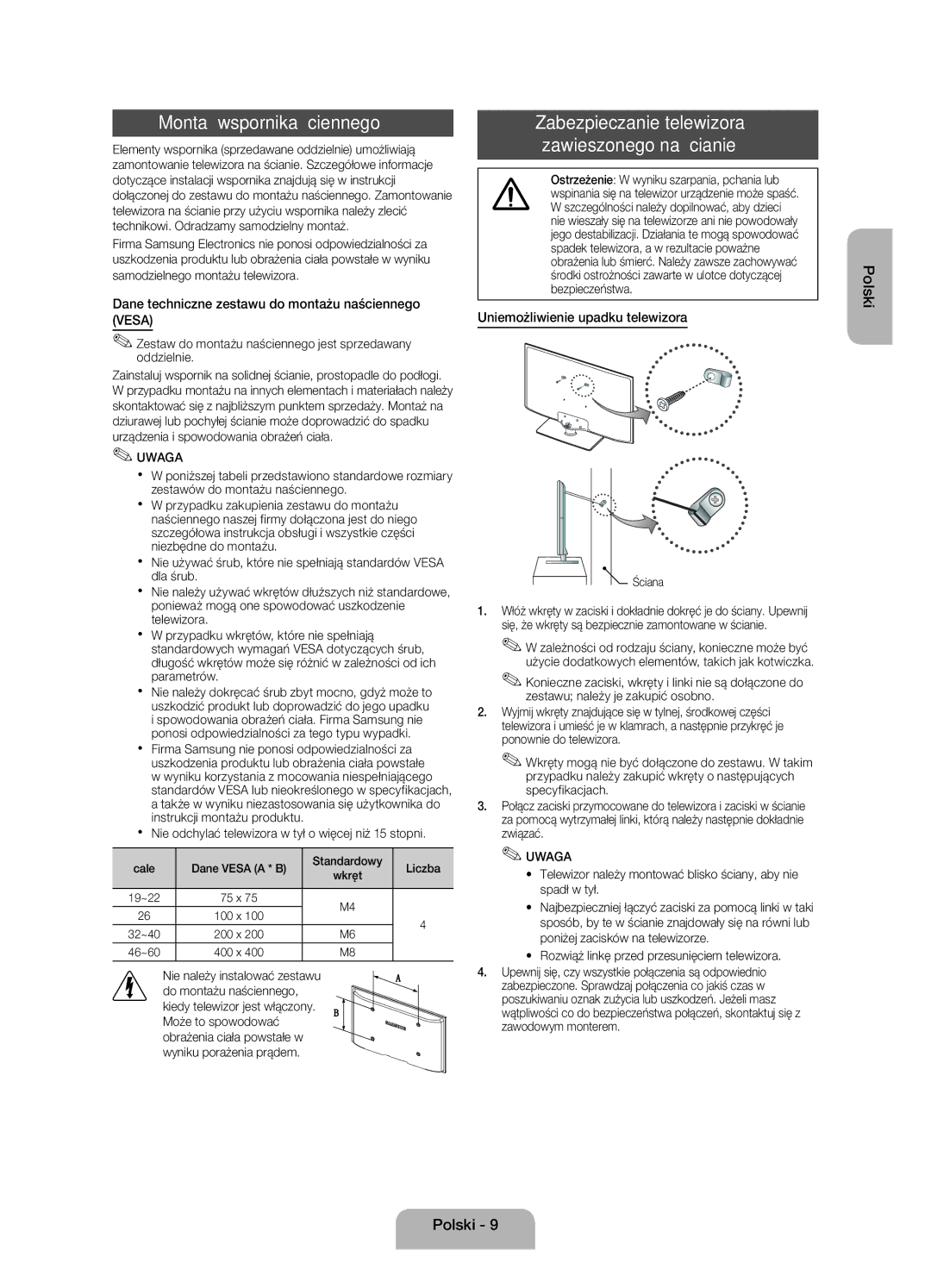 Samsung UE32EH4003WXXH manual Montaż wspornika ściennego, Dane techniczne zestawu do montażu naściennego Vesa 