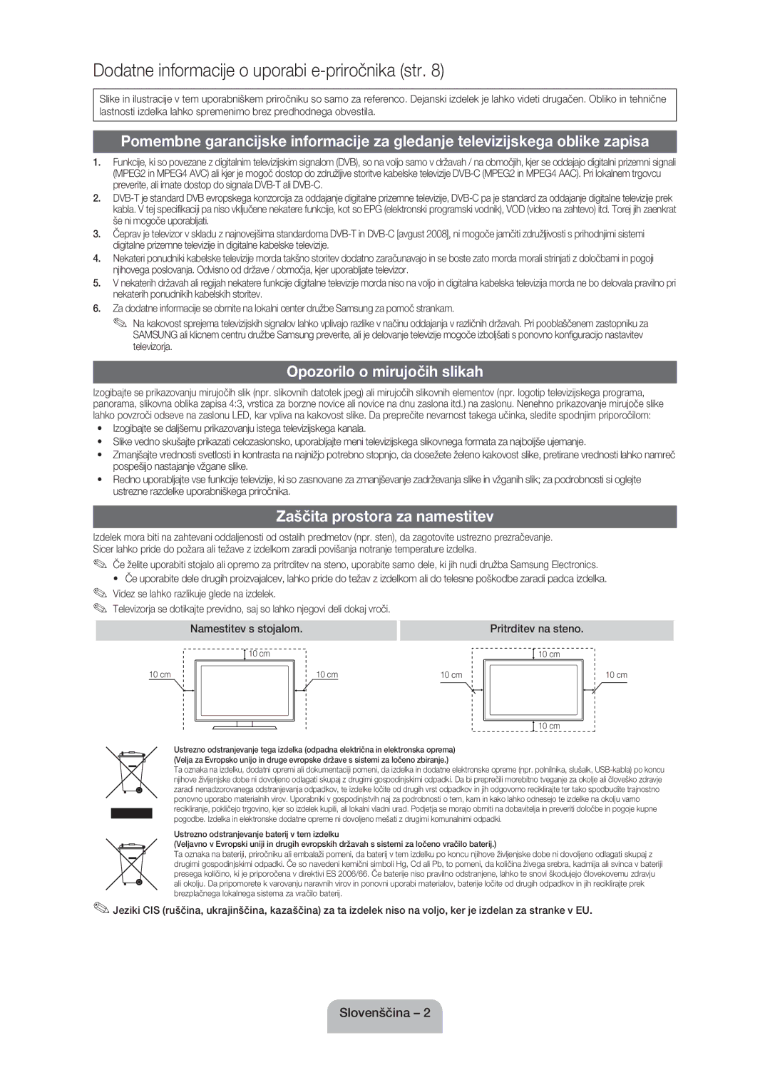 Samsung UE32EH4003WXXH manual Opozorilo o mirujočih slikah, Zaščita prostora za namestitev, Namestitev s stojalom 