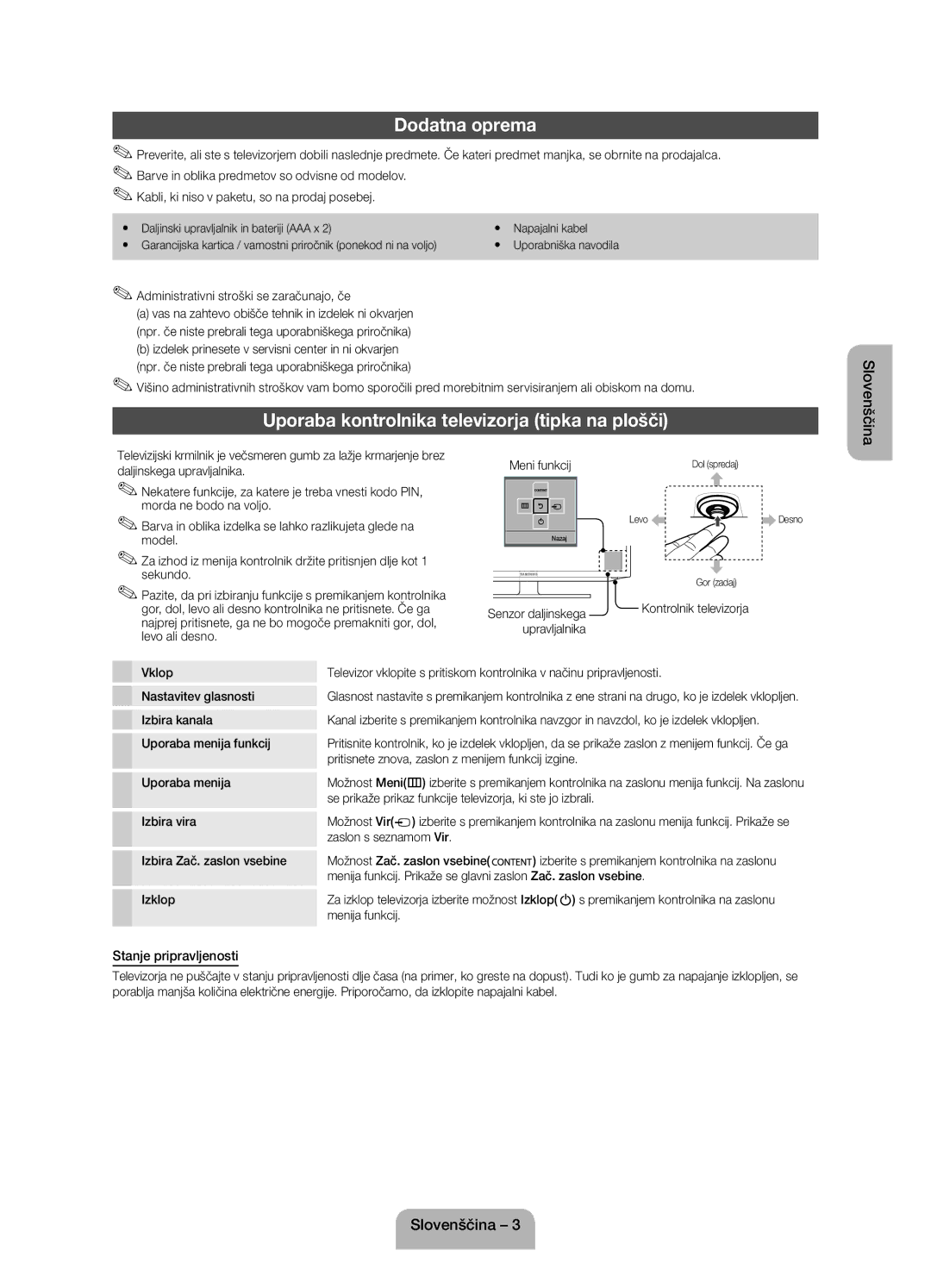 Samsung UE32EH4003WXXH manual Dodatna oprema, Uporaba kontrolnika televizorja tipka na plošči, Stanje pripravljenosti 