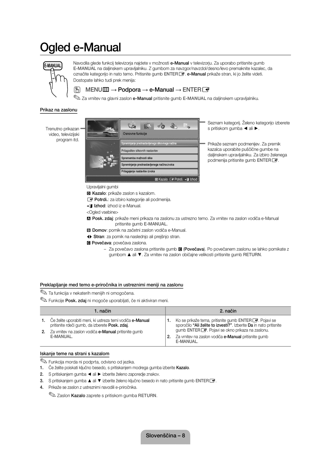 Samsung UE32EH4003WXXH manual Prikaz na zaslonu, Način, Iskanje teme na strani s kazalom 